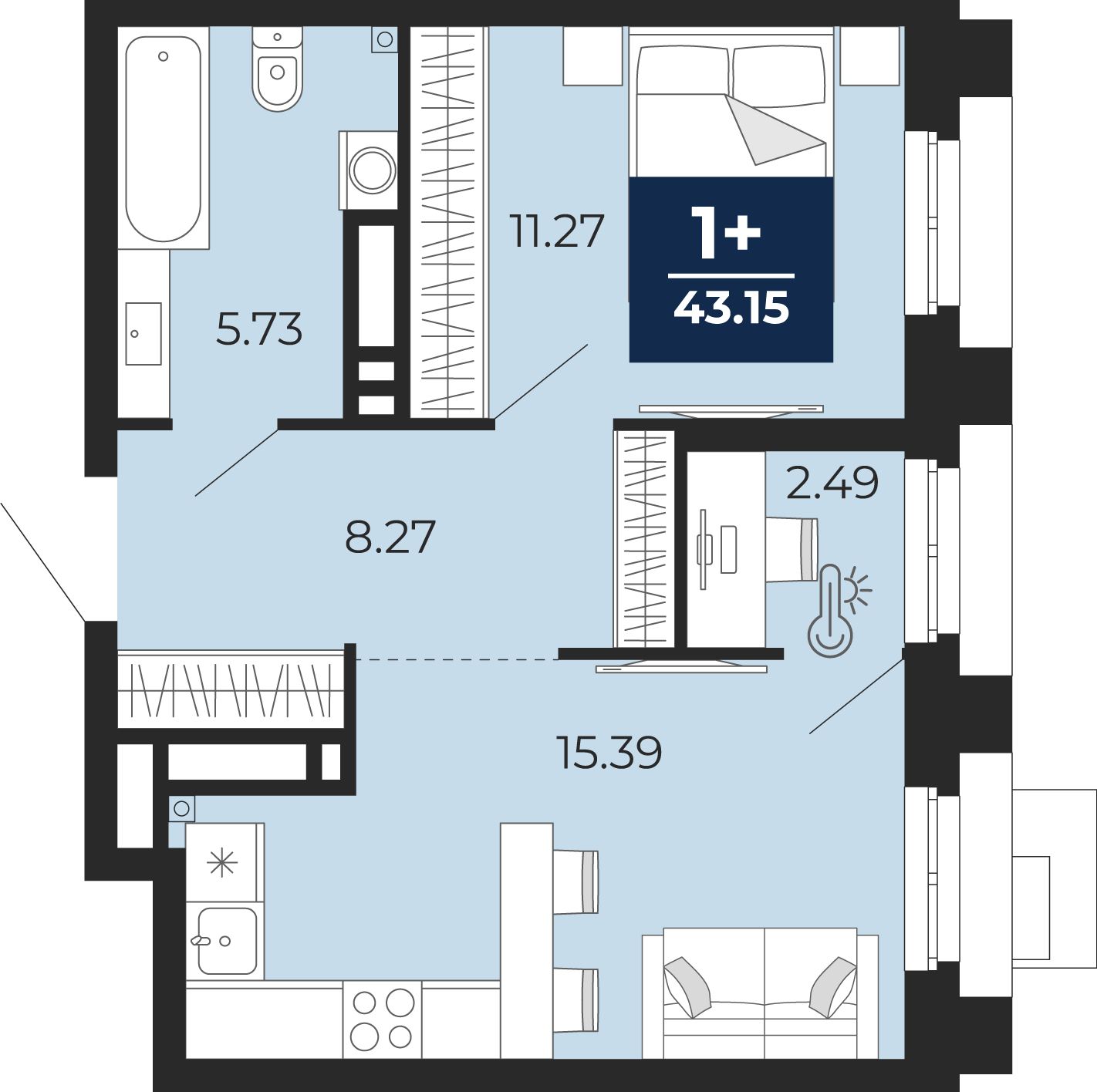 Планировка: Евродвушка 43.1 м² в ЖК Айвазовский, 5-й Заречный