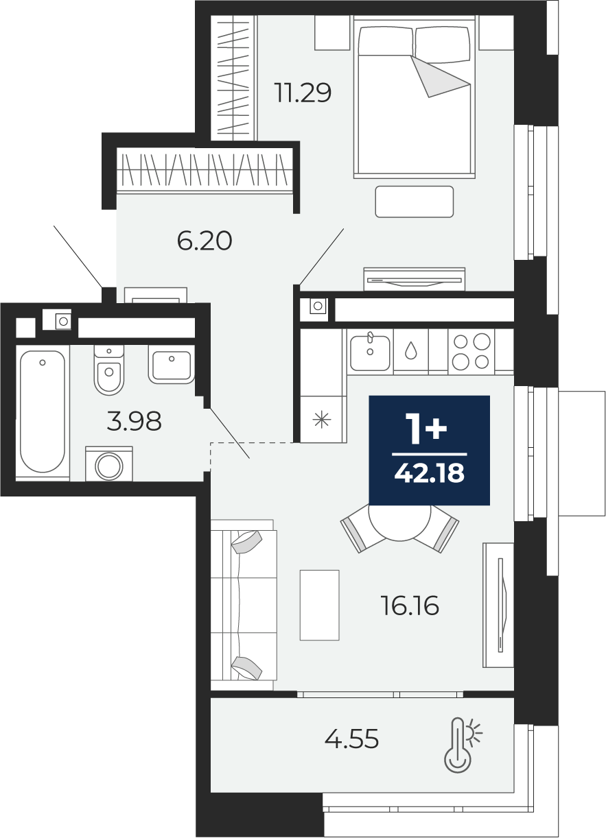 Планировка: Евродвушка 42.2 м² в ЖК Мириады, Мыс