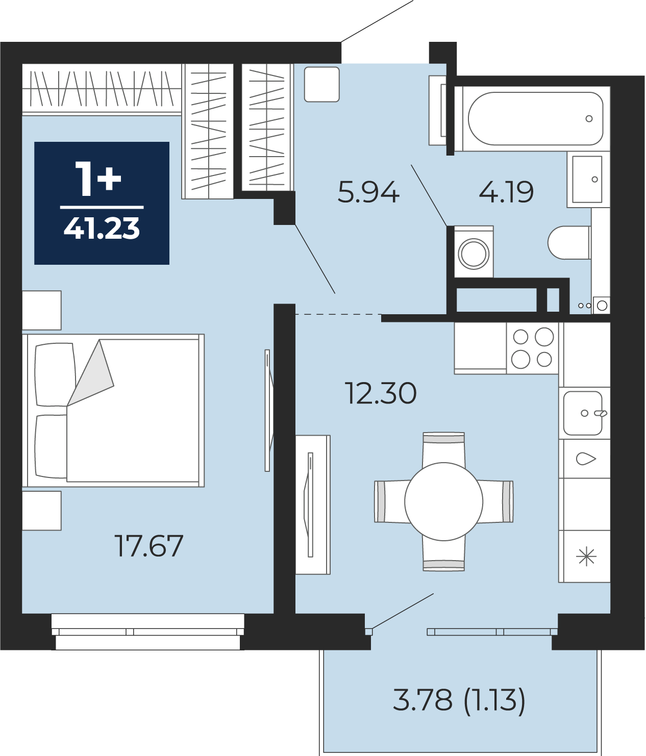 Планировка: 1-комнатная 43.9 м² в ЖК Прео, Тюменская слобода