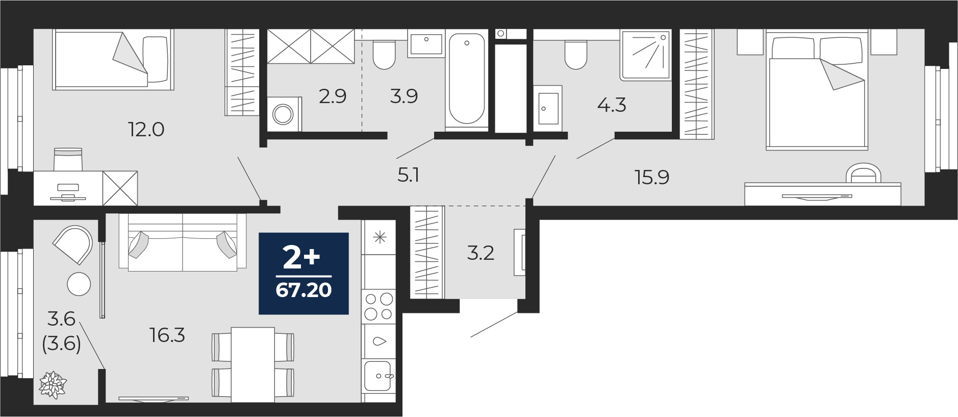 Планировка: Евротрешка 67.2 м² в ЖК Мириады, Мыс