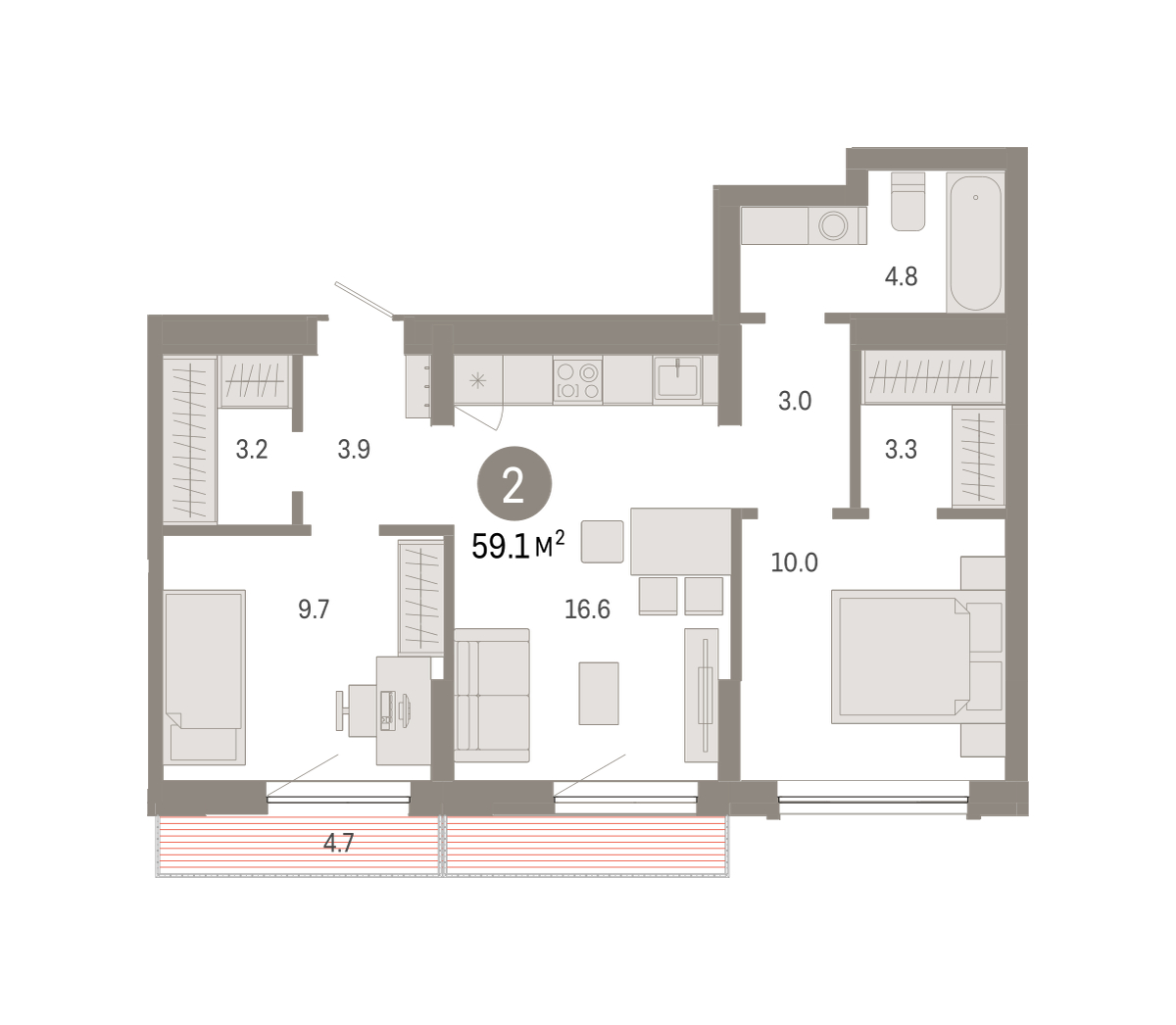 Планировка: 2-комнатная 59.1 м² в ЖК Октябрьский на Туре, ДОК