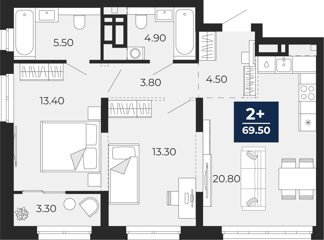 Планировка: Евротрешка 69.5 м² в ЖК Айвазовский, 5-й Заречный