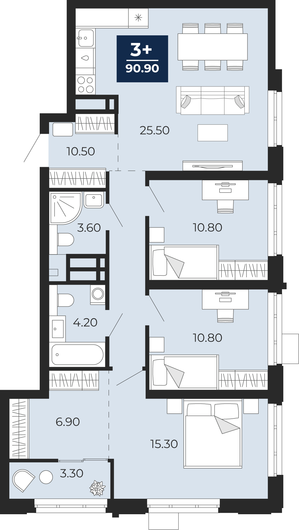 Планировка: 4-комнатная евро 90.9 м² в ЖК Айвазовский, 5-й Заречный