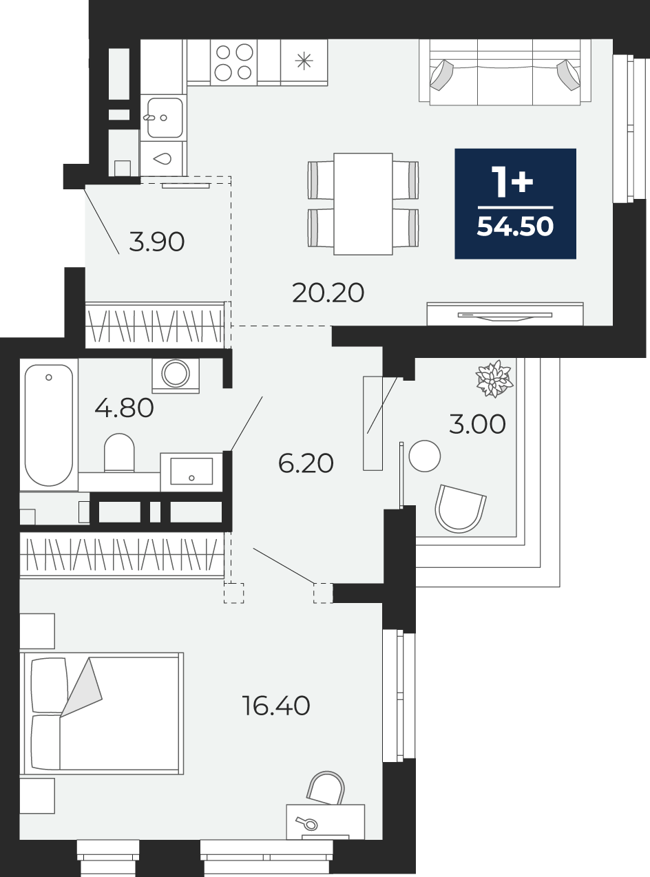 Планировка: 1-комнатная 54.5 м² в ЖК Айвазовский, 5-й Заречный
