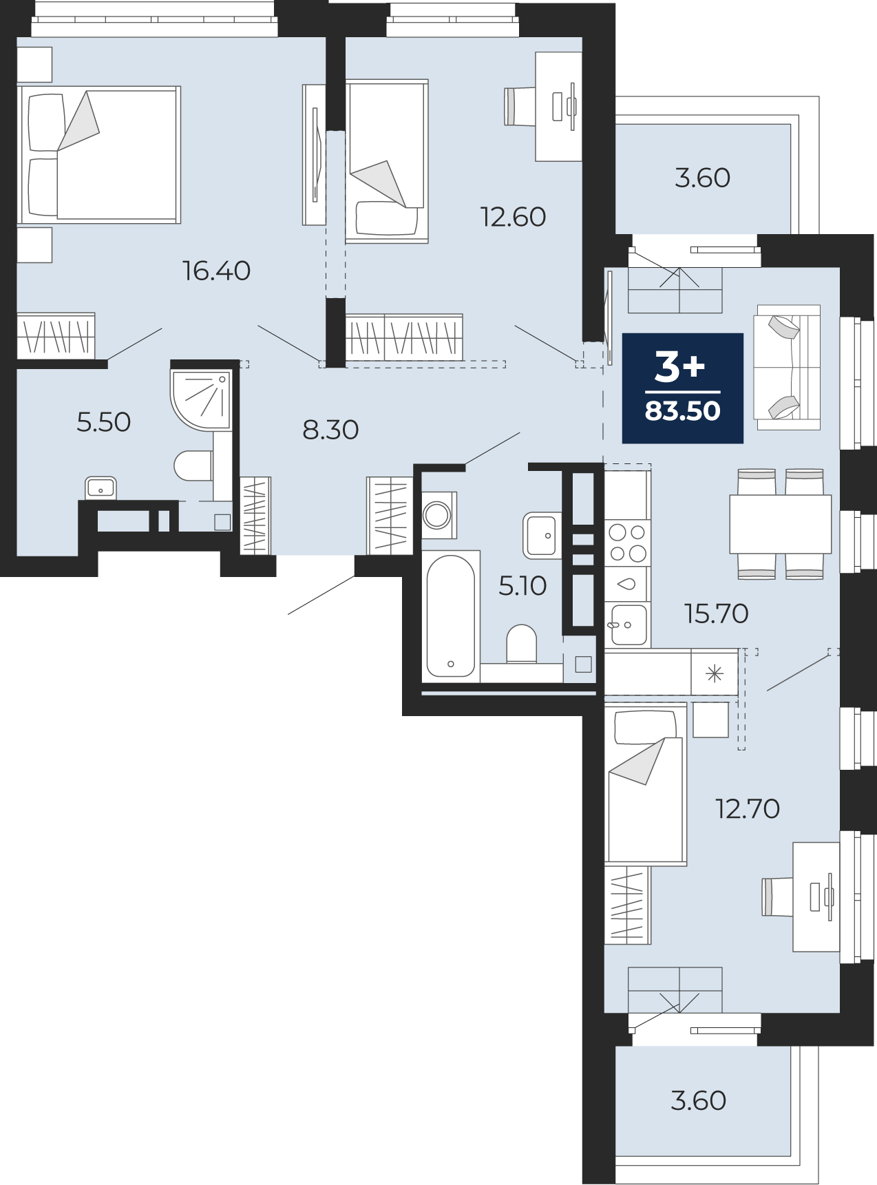 Планировка: 4-комнатная евро 83.5 м² в ЖК Айвазовский, 5-й Заречный