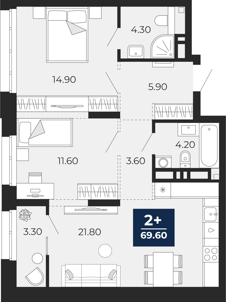 Планировка: Евротрешка 69.6 м² в ЖК Айвазовский, 5-й Заречный