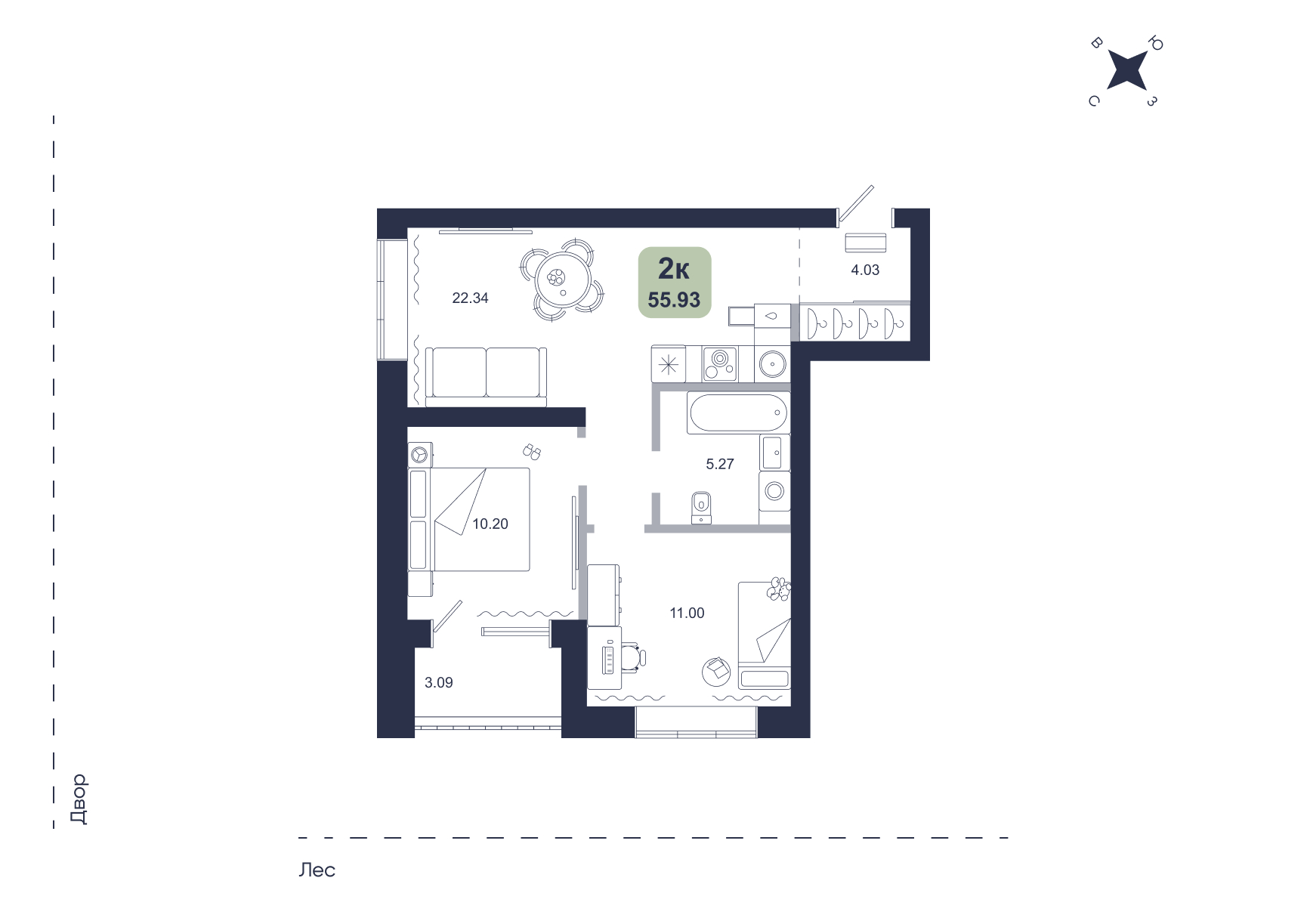 Планировка: Евротрешка 55.9 м² в ЖК Хито, От Слободы до Комарово парк