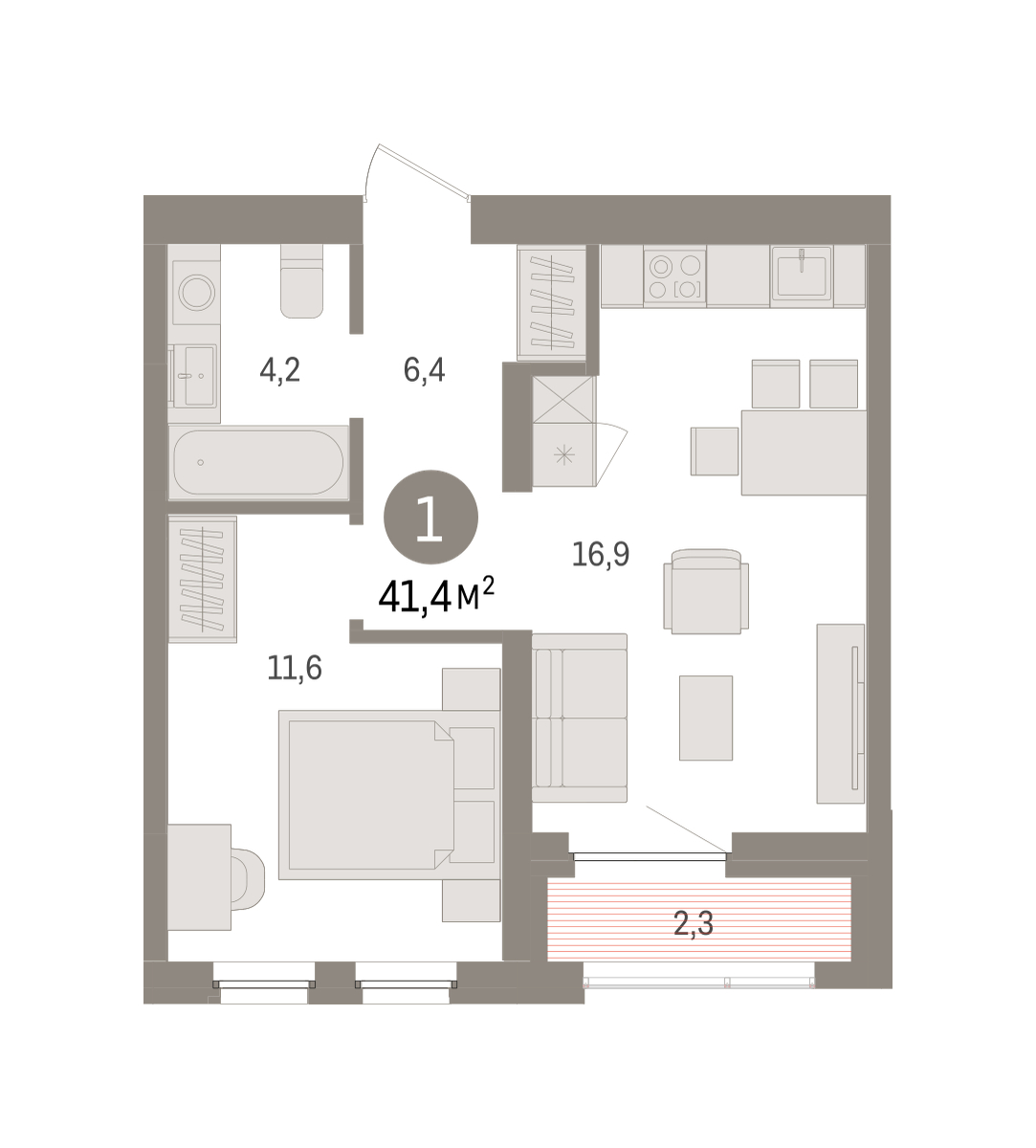 Планировка: 1-комнатная 41.4 м² в ЖК Зарека, Заречный