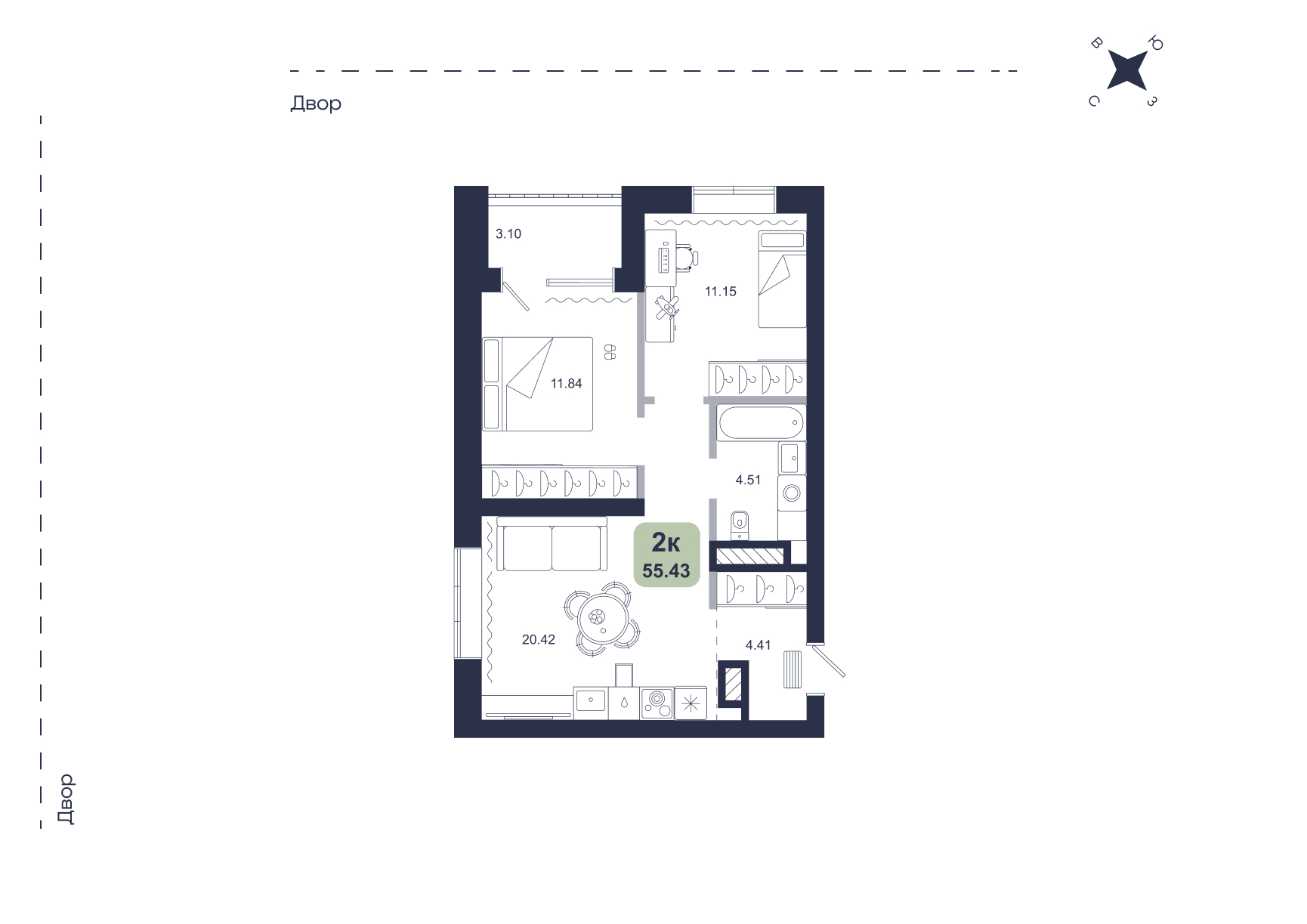 Планировка: Евротрешка 55.4 м² в ЖК Хито, От Слободы до Комарово парк