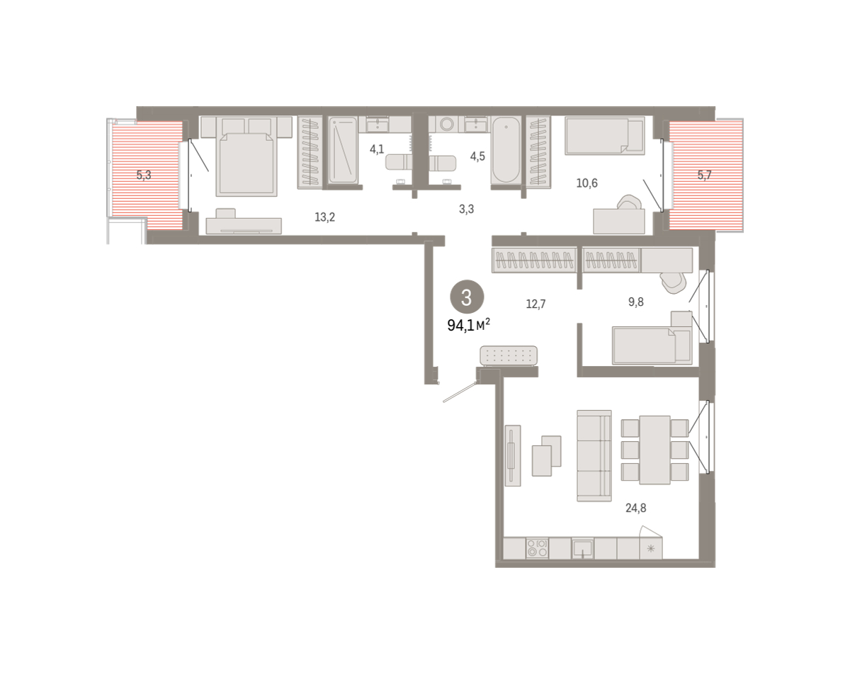 Планировка: 3-комнатная 94.1 м² в ЖК На Минской, Центр: Драмтеатр