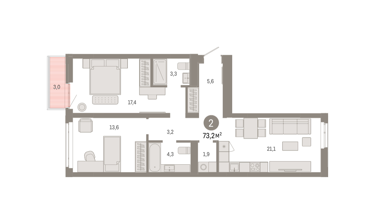 Планировка: Евротрешка 73.2 м² в ЖК Республики 205, Центр: КПД