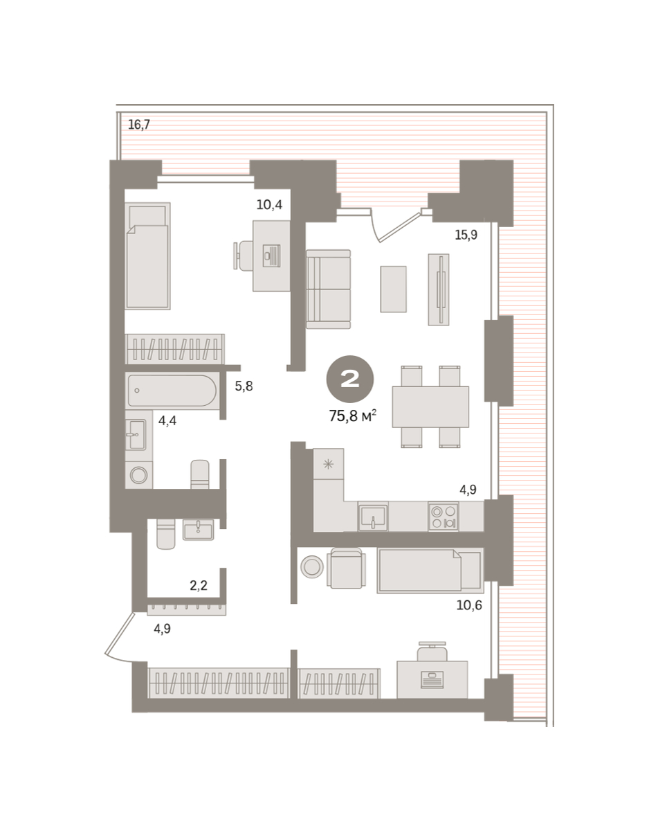 Планировка: 2-комнатная 75.8 м² в ЖК Речной порт, Центр: Дом печати