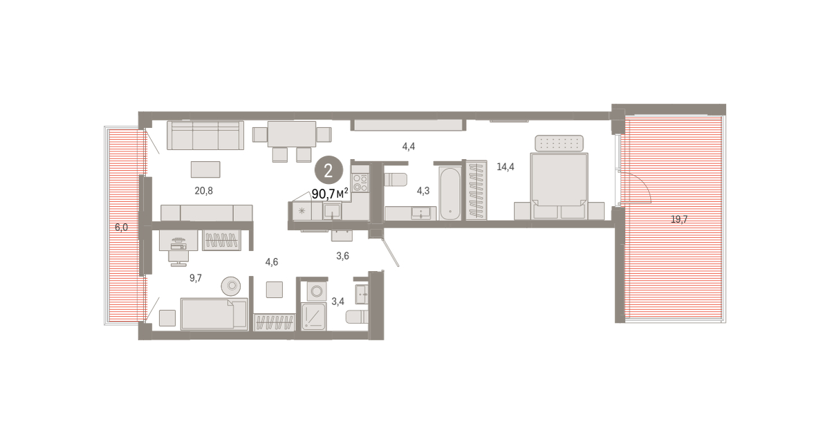 Планировка: 2-комнатная 90.7 м² в ЖК Республики 205, Центр: КПД