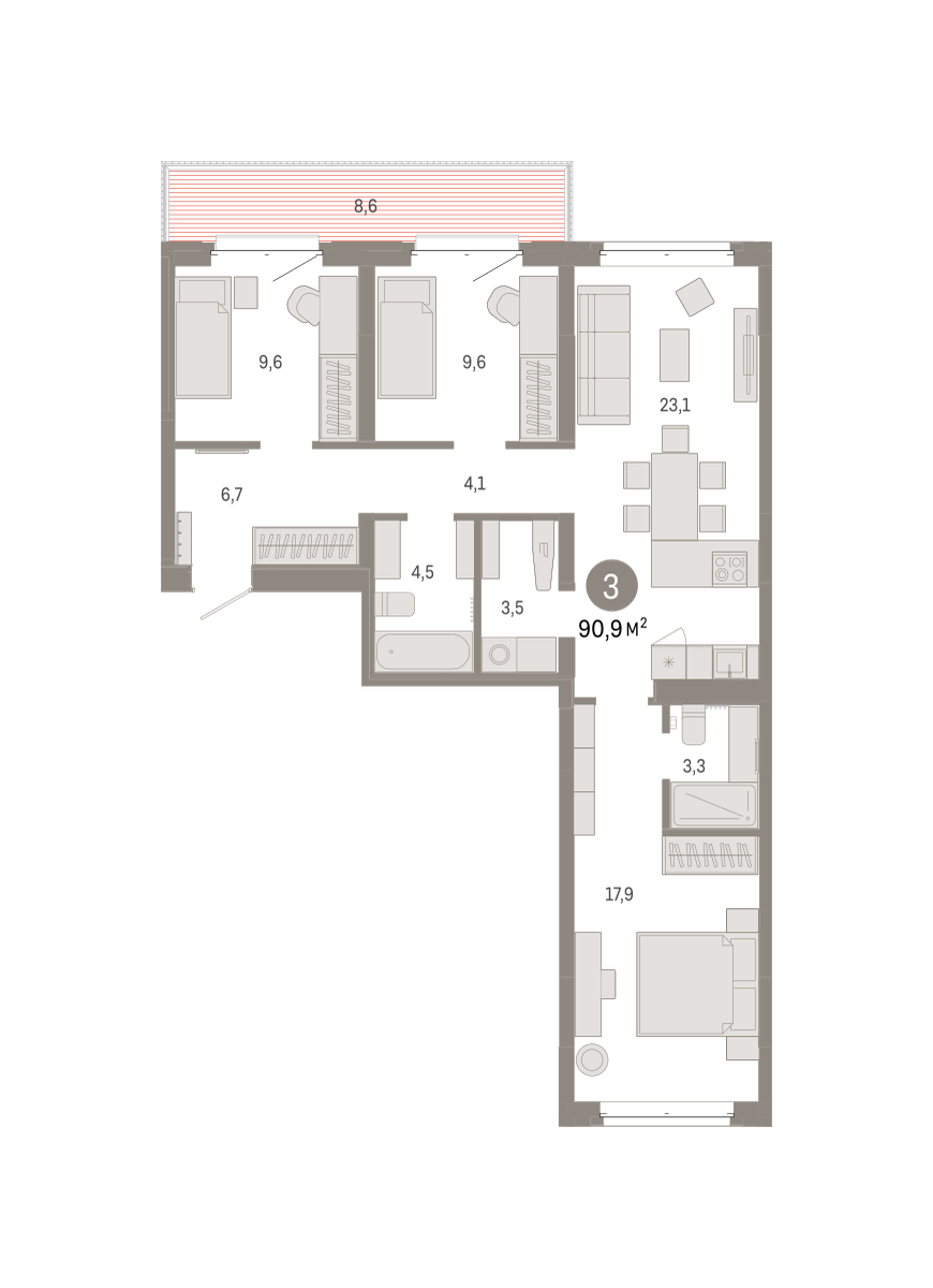 Планировка: 4-комнатная евро 90.9 м² в ЖК На Минской, Центр: Драмтеатр