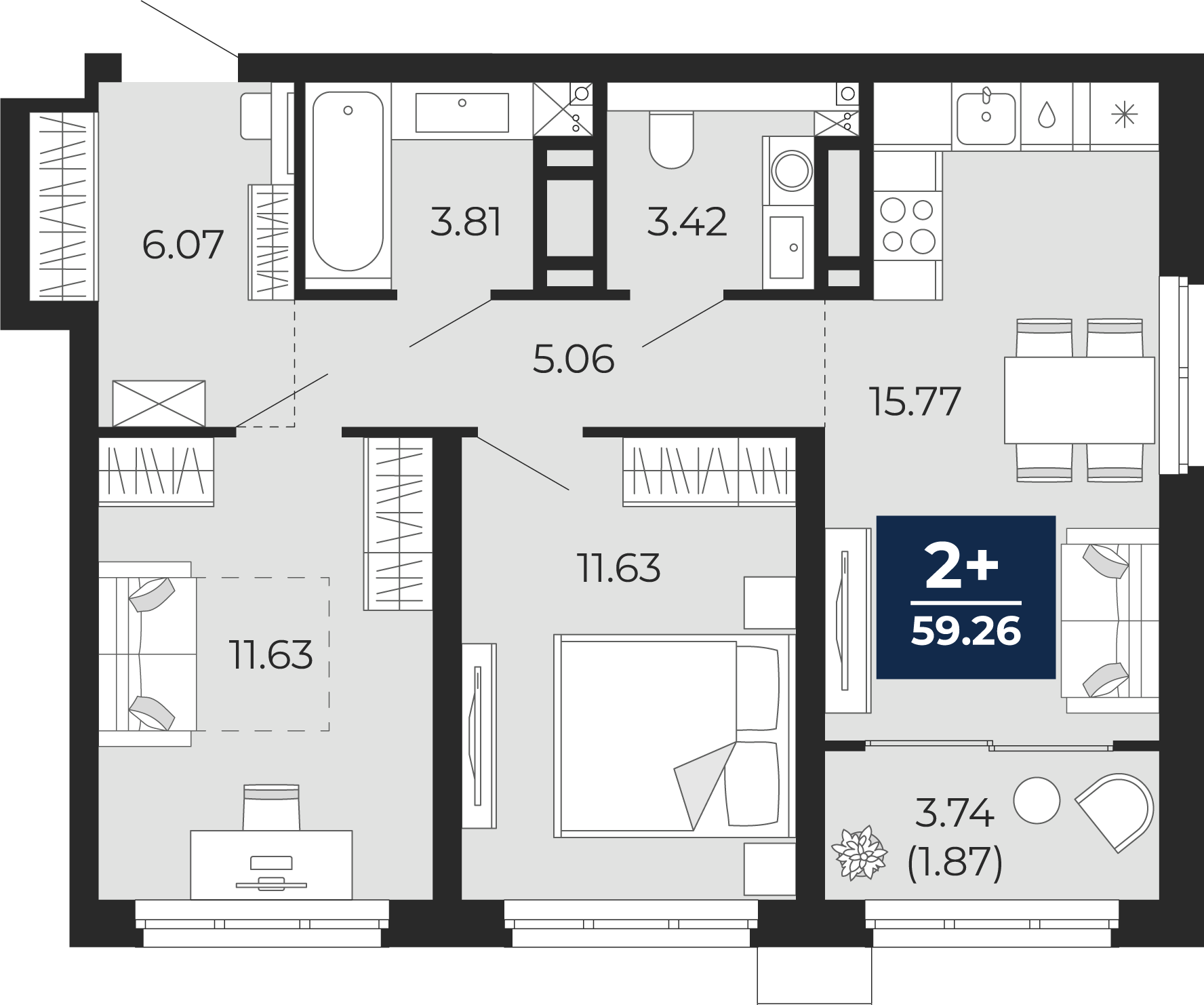 Планировка: Евротрешка 61.1 м² в ЖК Прео, Тюменская слобода