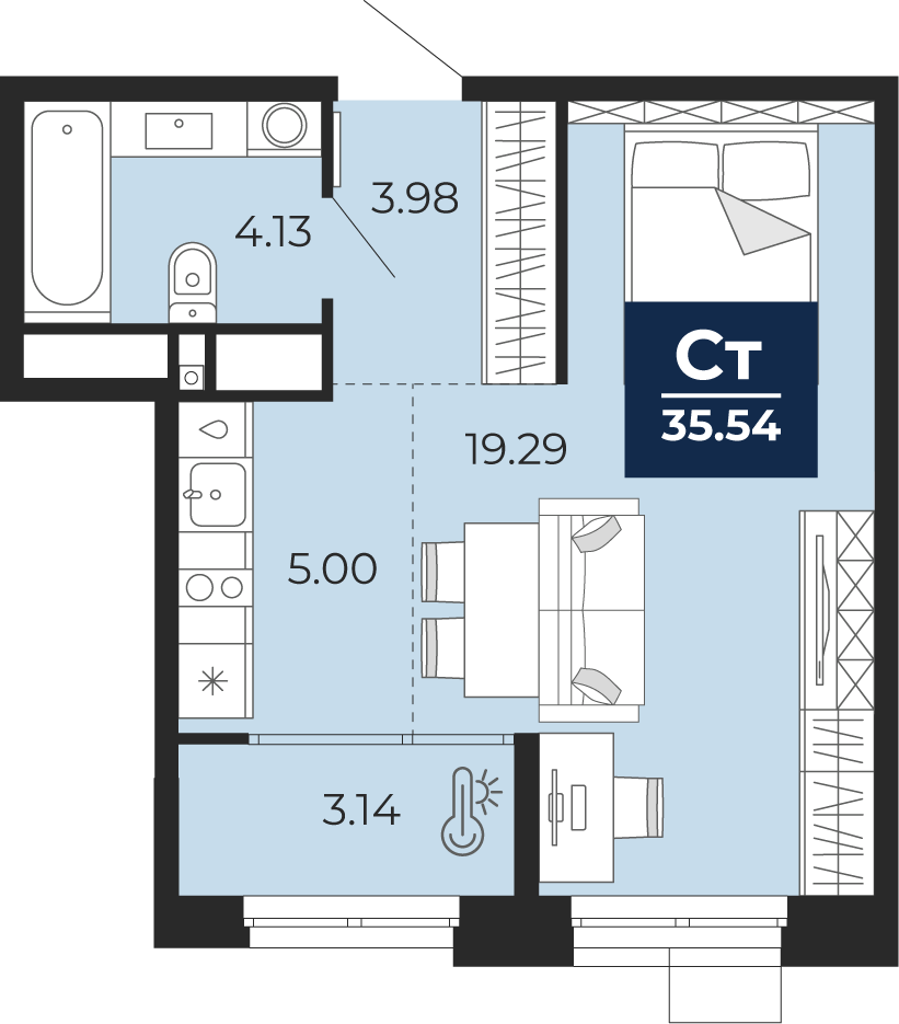 Планировка: Студия 35.5 м² в ЖК Мириады, Мыс