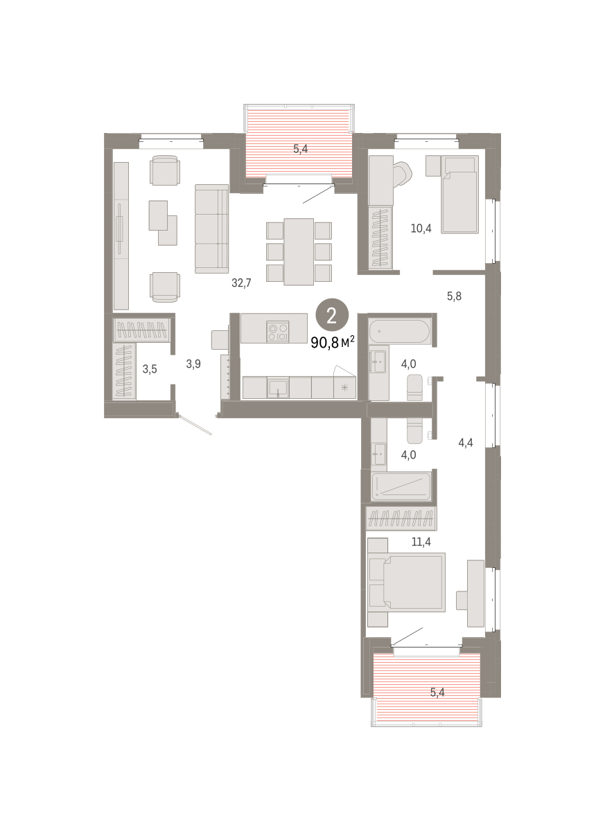 Планировка: 2-комнатная 90.6 м² в ЖК На Минской, Центр: Драмтеатр