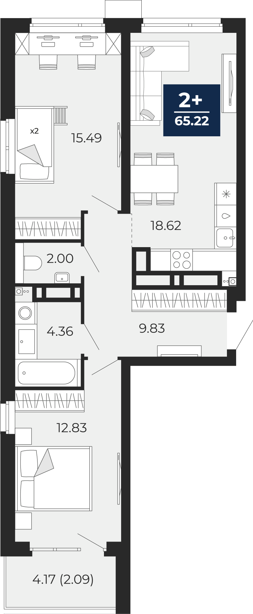 Планировка: Евротрешка 67.3 м² в ЖК Прео, Тюменская слобода