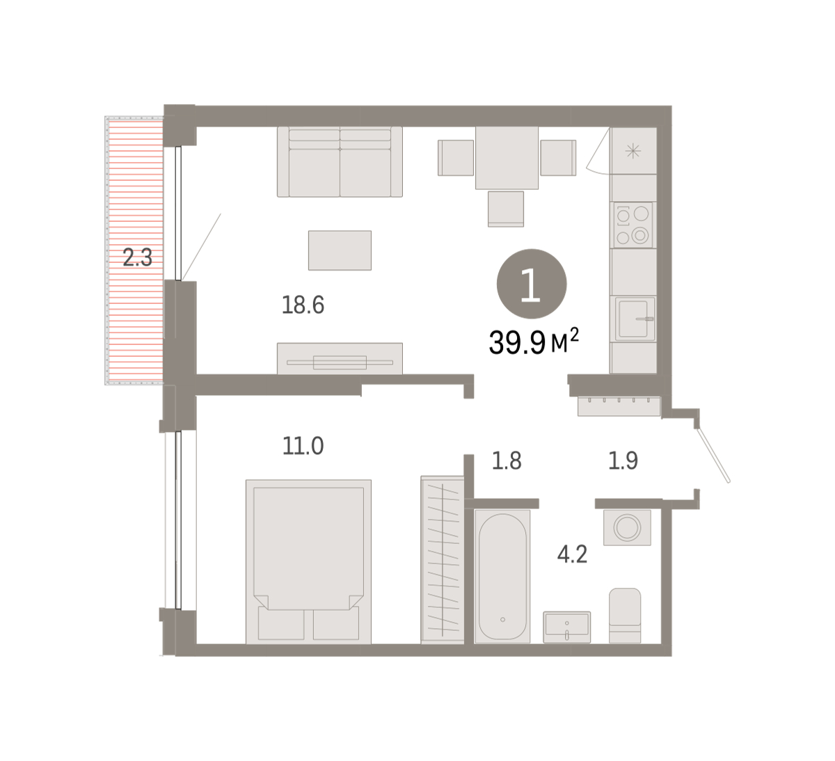 Планировка: Евродвушка 39.9 м² в ЖК Октябрьский на Туре, ДОК