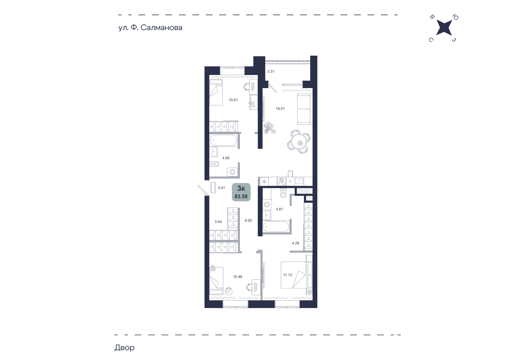 Планировка: 4-комнатная евро 83.6 м² в ЖК Хито, От Слободы до Комарово парк