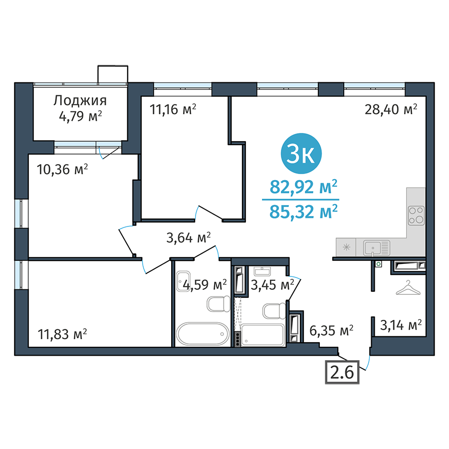 Планировка: 4-комнатная евро 82.9 м² в ЖК DOK, ДОК