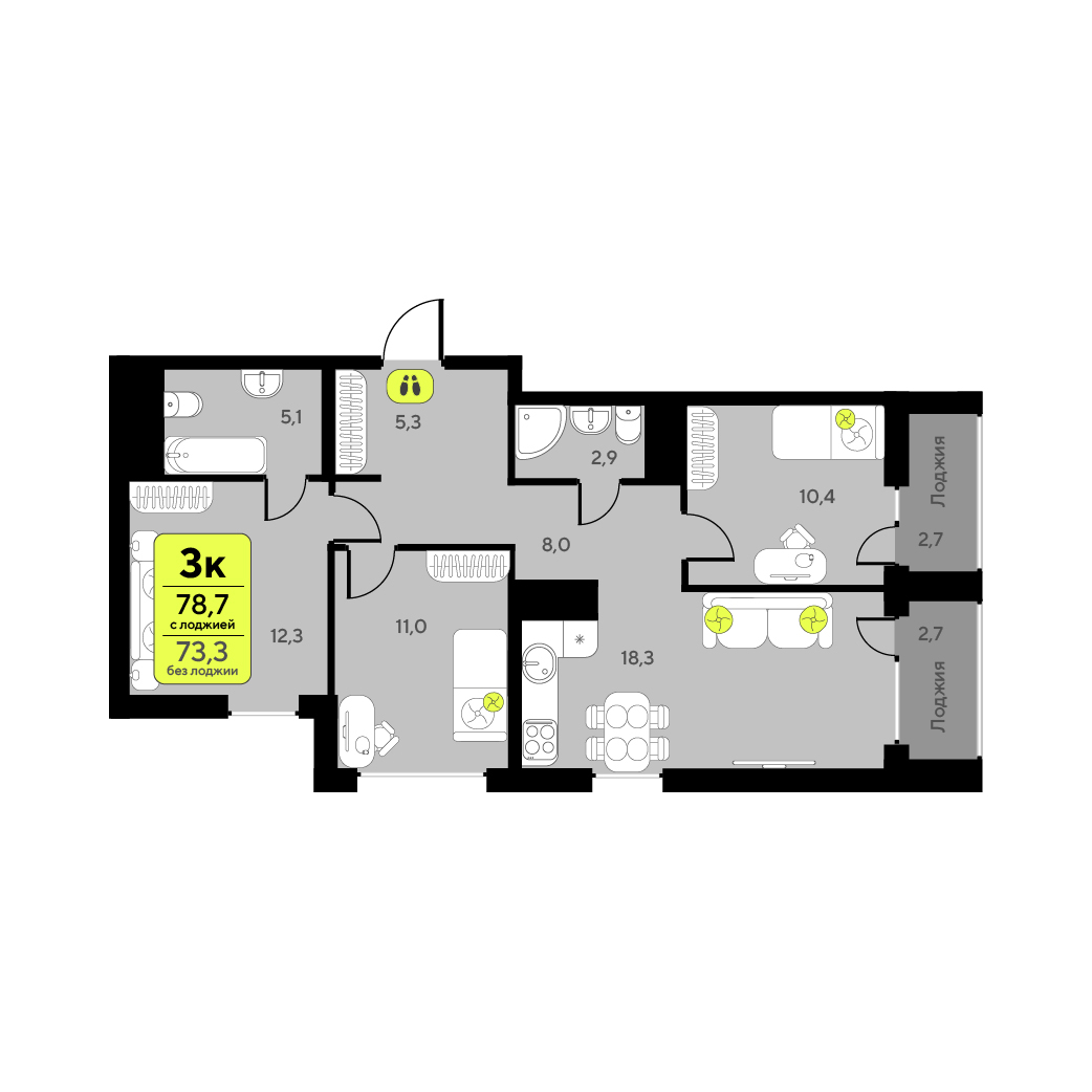 Планировка: 4-комнатная евро 73.3 м² в ЖК Дивный квартал у озера, 5-й Заречный