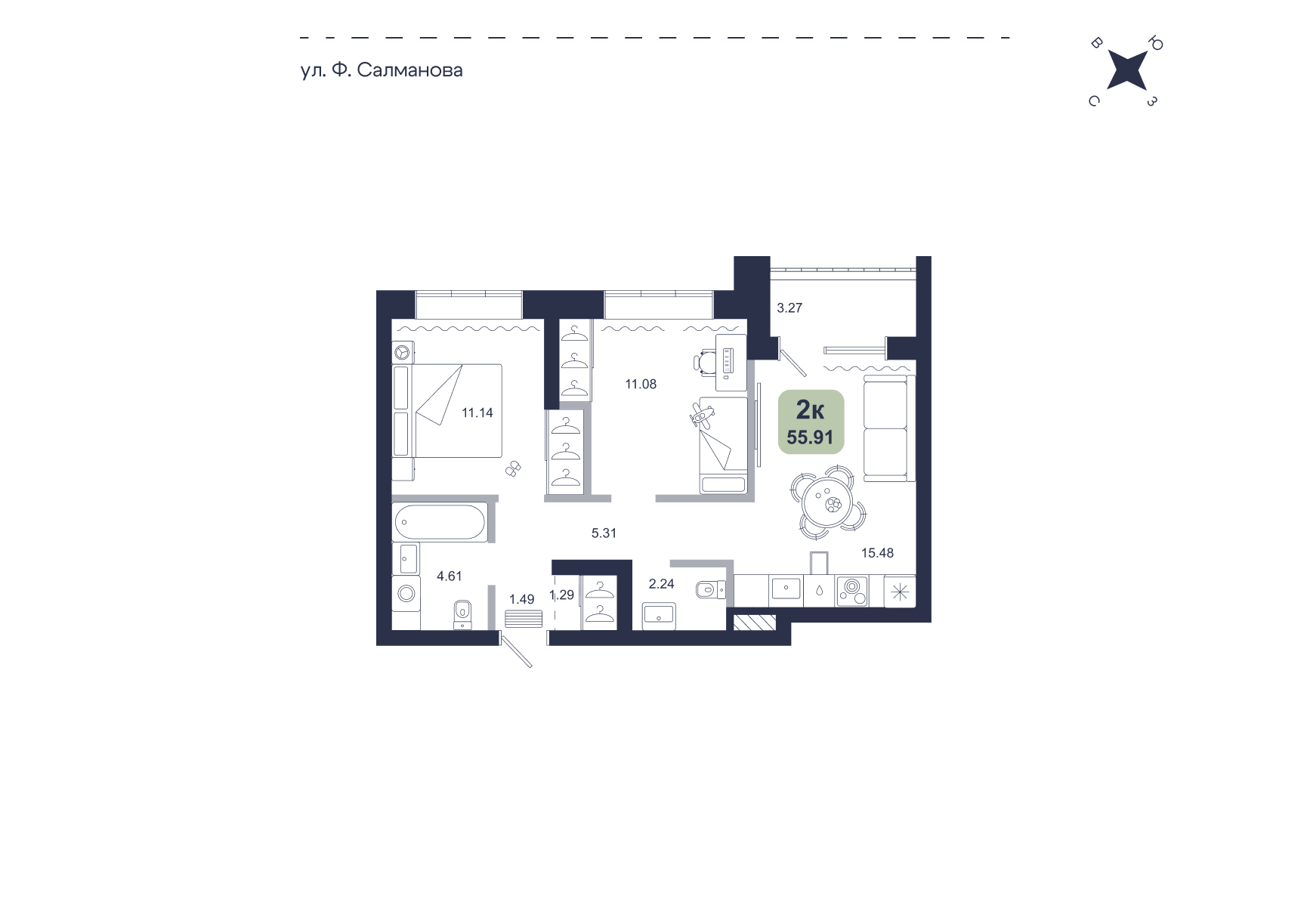 Планировка: Евротрешка 55.9 м² в ЖК Хито, От Слободы до Комарово парк