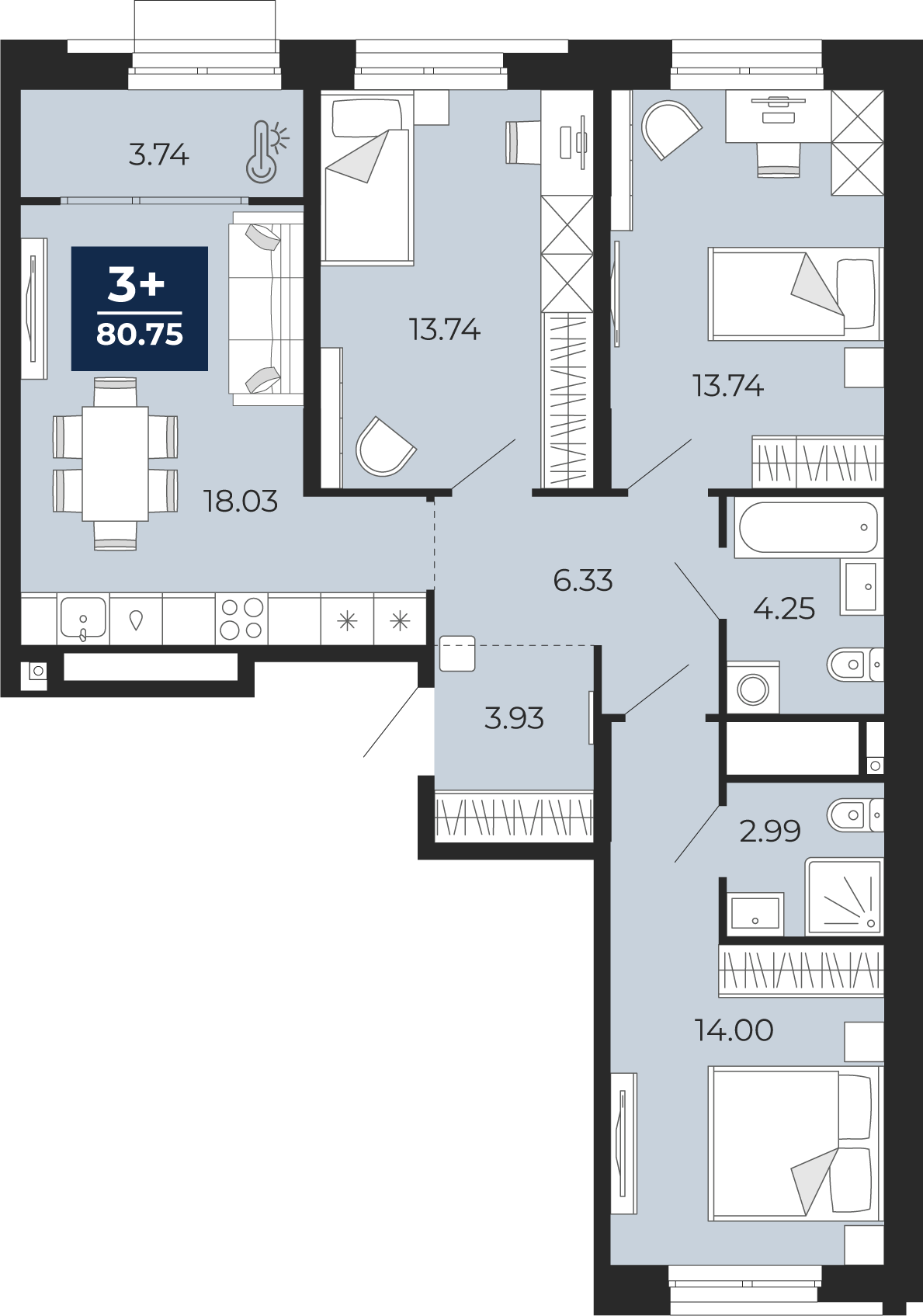 Планировка: 4-комнатная евро 80.8 м² в ЖК Мириады, Мыс