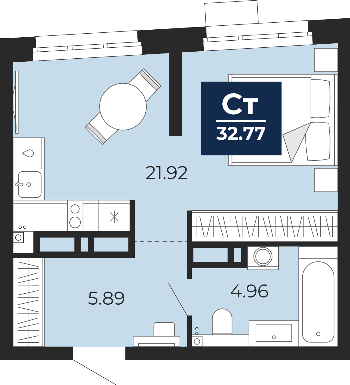 Планировка: Студия 32.8 м² в ЖК Прео, Тюменская слобода