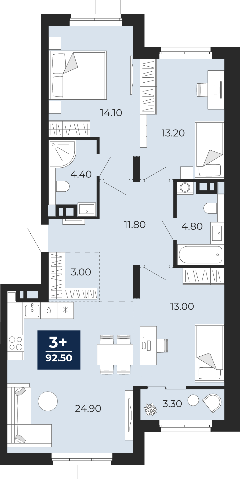 Планировка: 4-комнатная евро 92.5 м² в ЖК Айвазовский, 5-й Заречный