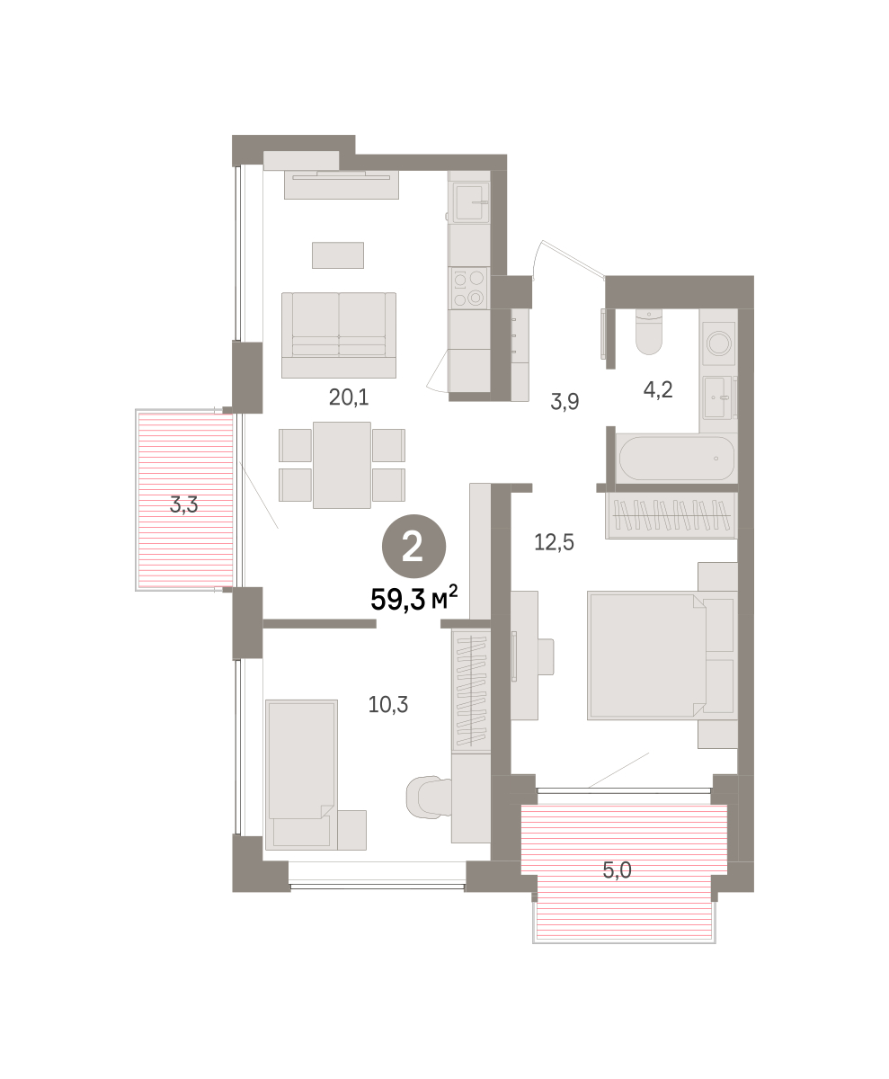 Планировка: 2-комнатная 59.3 м² в ЖК Речной порт, Центр: Дом печати