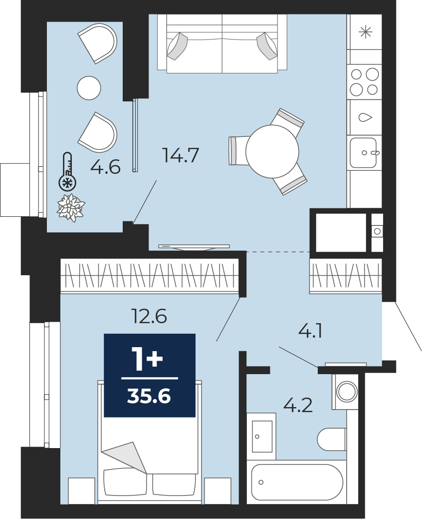 Планировка: Евродвушка 40.7 м² в ЖК Мириады, Мыс