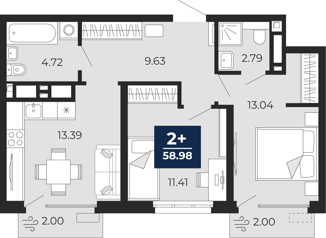 Планировка: Евротрешка 59 м² в ЖК Беринг, Лесобаза