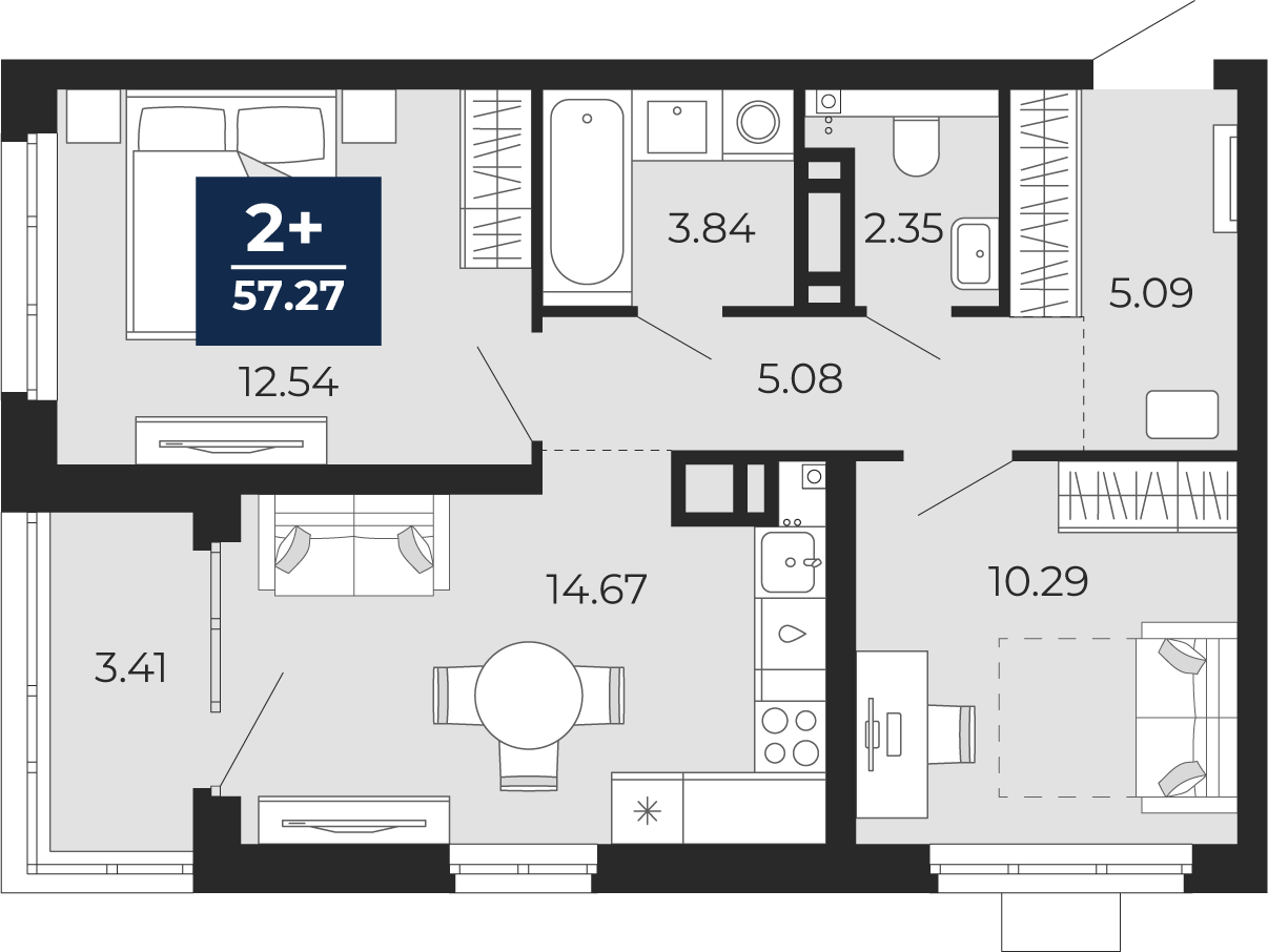 Планировка: Евротрешка 57.3 м² в ЖК Прео, Тюменская слобода