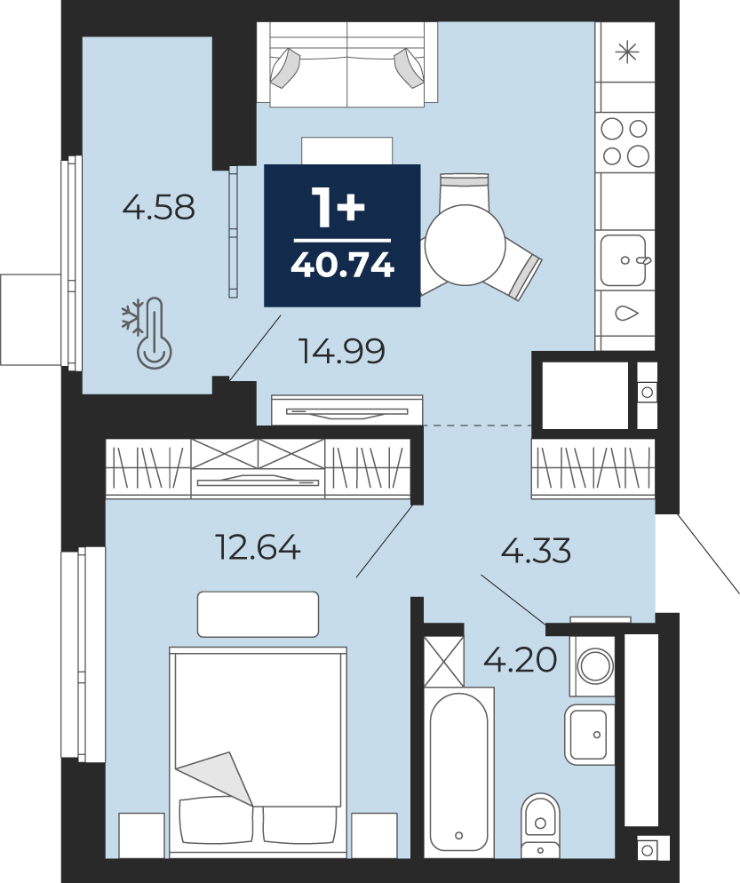 Планировка: 1-комнатная 40.7 м² в ЖК Мириады, Мыс