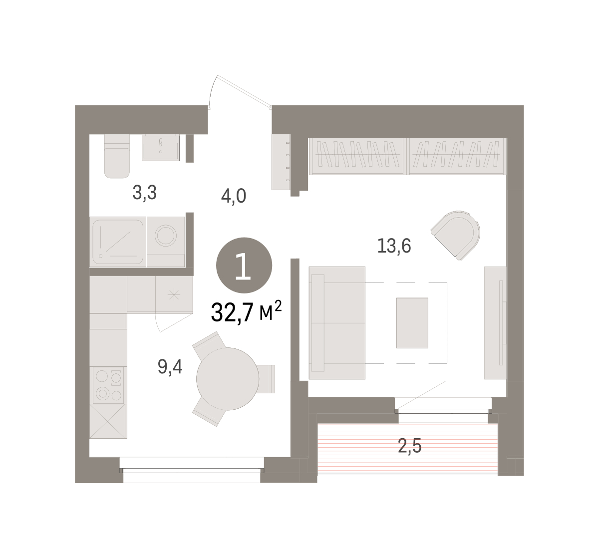 Планировка: 1-комнатная 32.5 м² в ЖК Зарека, Заречный