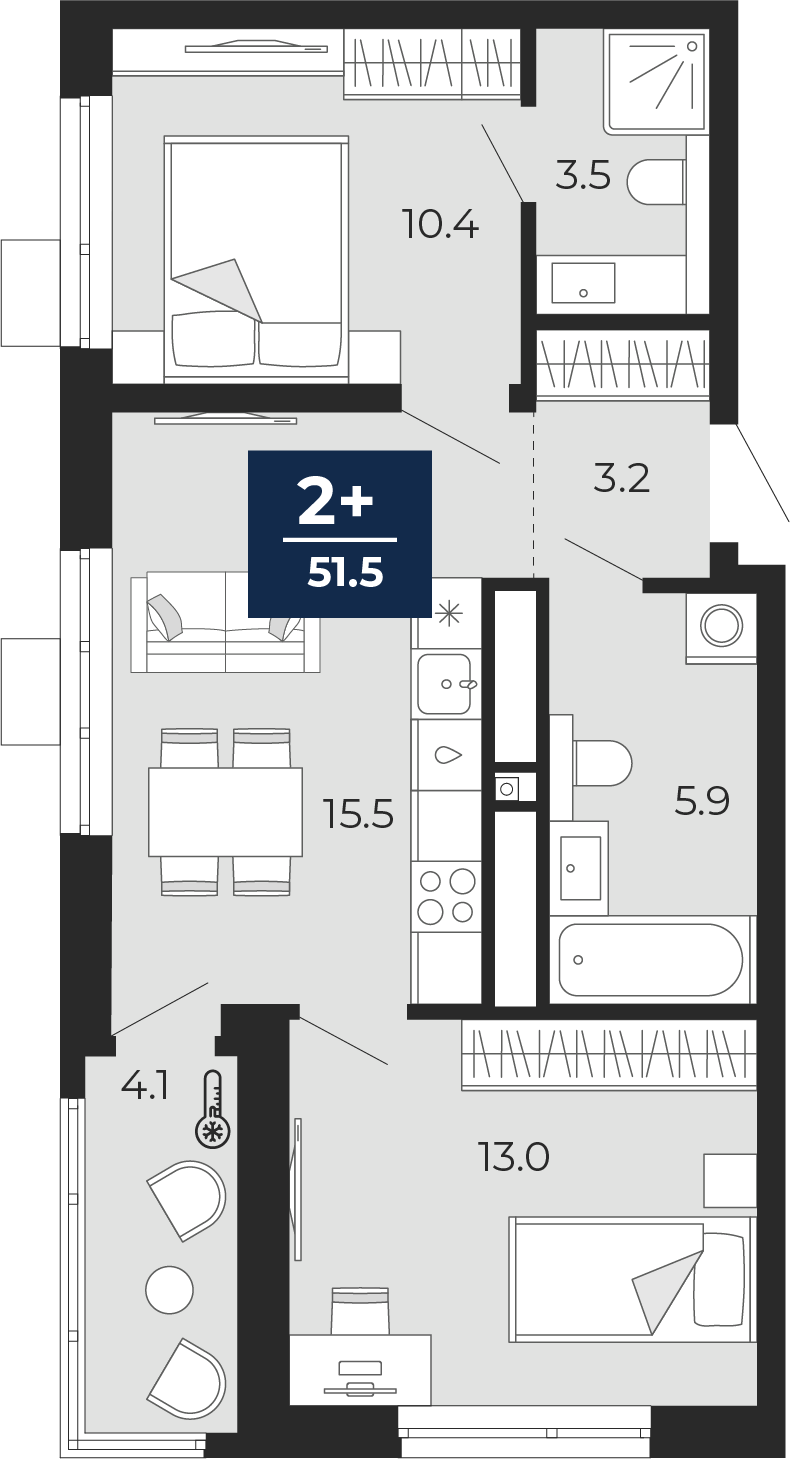 Планировка: Евротрешка 56.5 м² в ЖК Мириады, Мыс