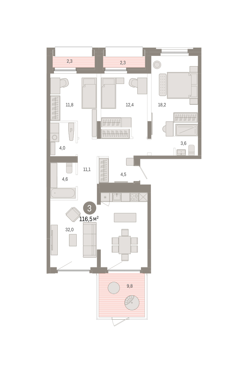 Планировка: 3-комнатная 116.5 м² в ЖК Зарека, Заречный