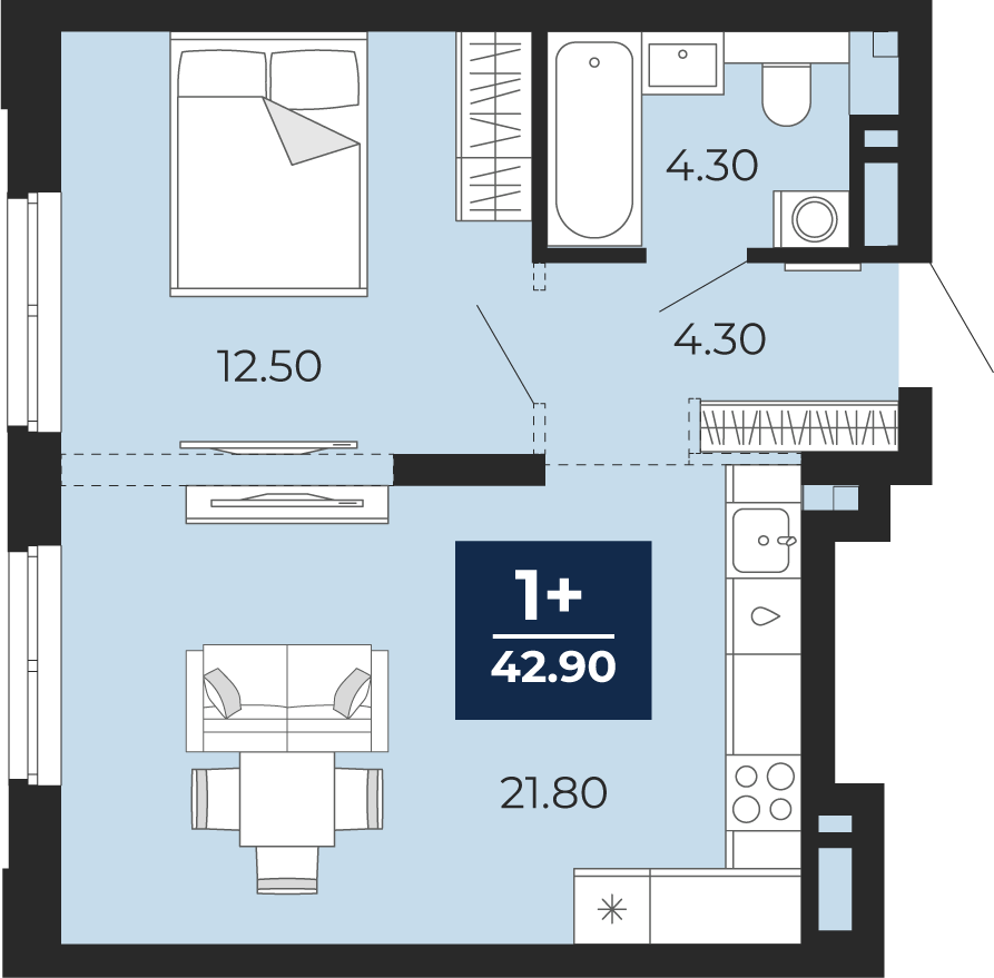 Планировка: Евродвушка 42.9 м² в ЖК Айвазовский, 5-й Заречный