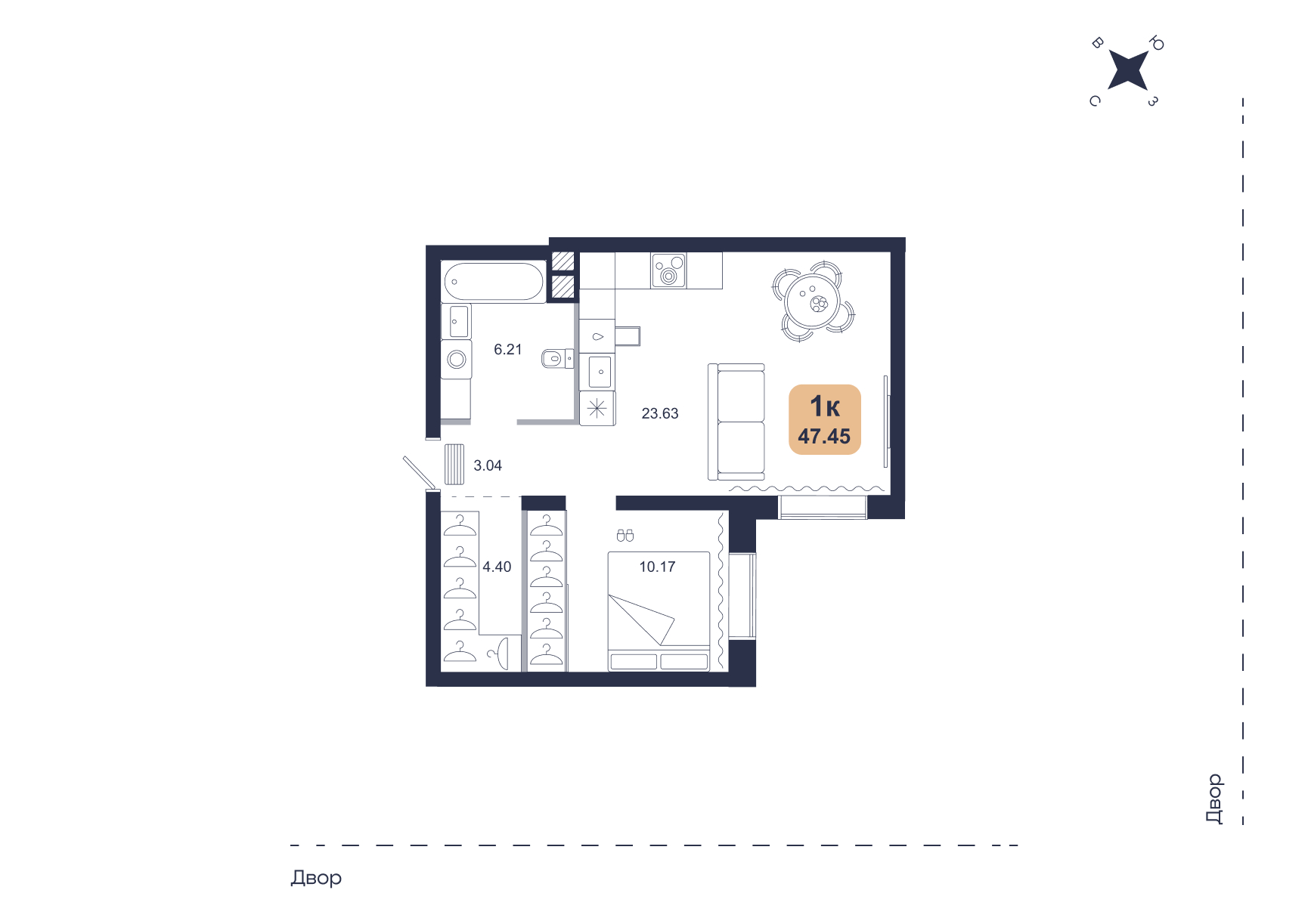 Планировка: Евродвушка 47.5 м² в ЖК Хито, От Слободы до Комарово парк