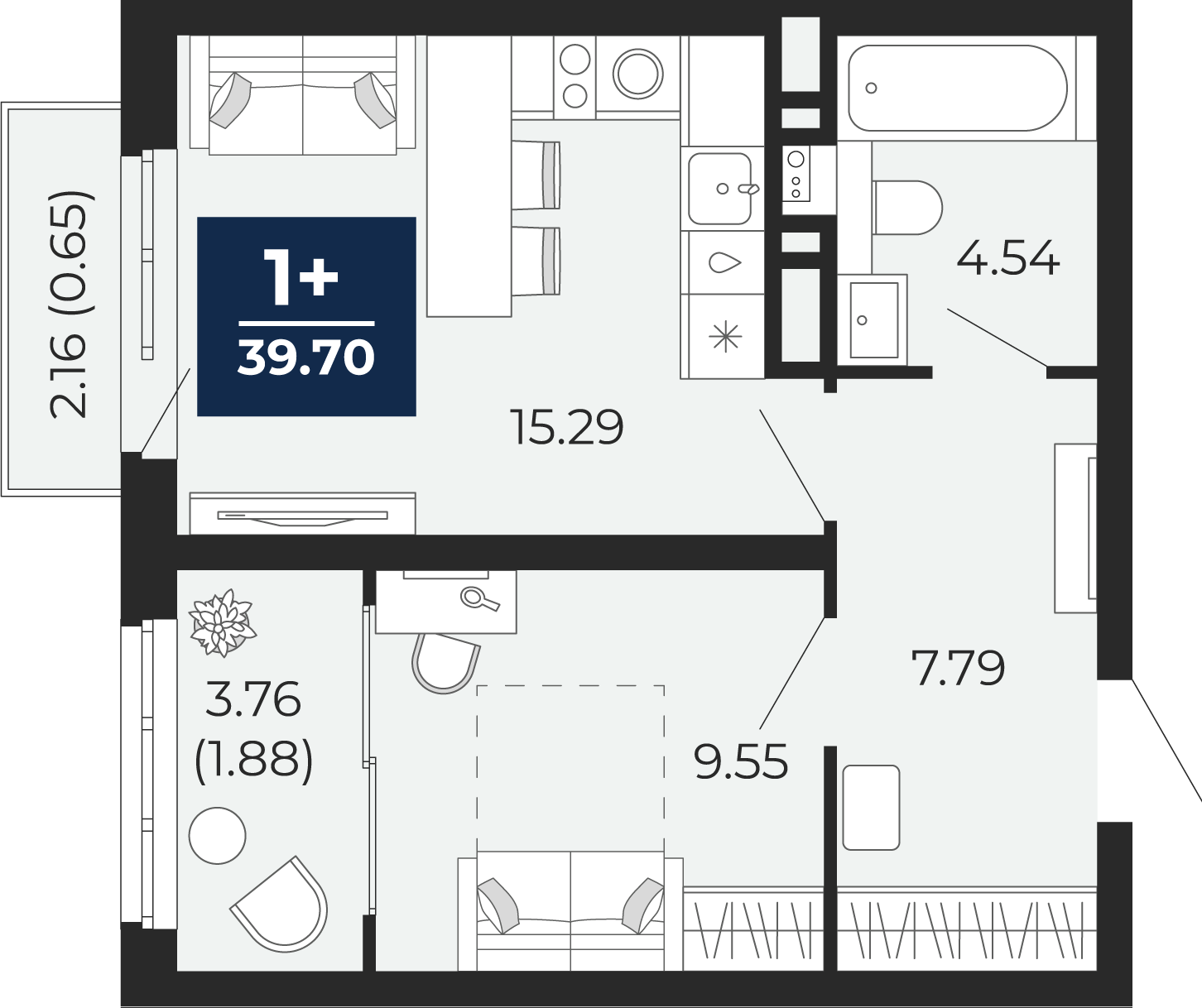 Планировка: Евродвушка 43.1 м² в ЖК Беринг, Лесобаза