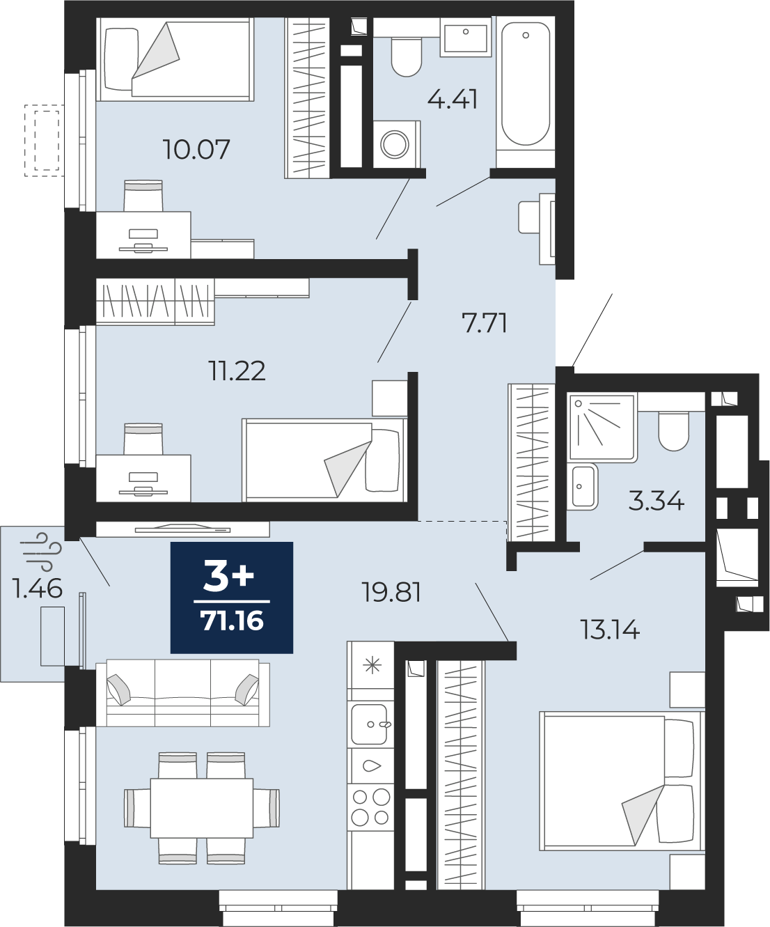 Планировка: 4-комнатная евро 71.2 м² в ЖК Беринг, Лесобаза