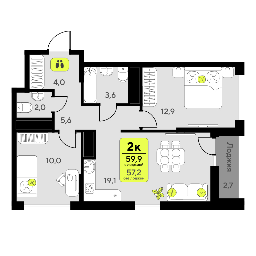 Планировка: 2-комнатная 59.9 м² в ЖК Мотивы, От Плеханова до Южного