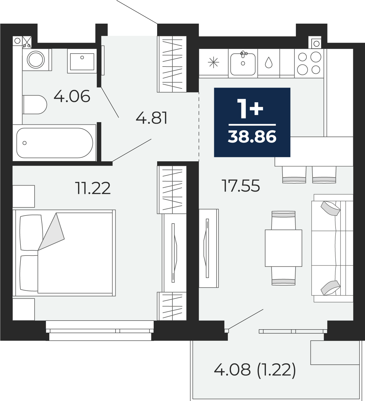 Планировка: Евродвушка 41.7 м² в ЖК Прео, Тюменская слобода