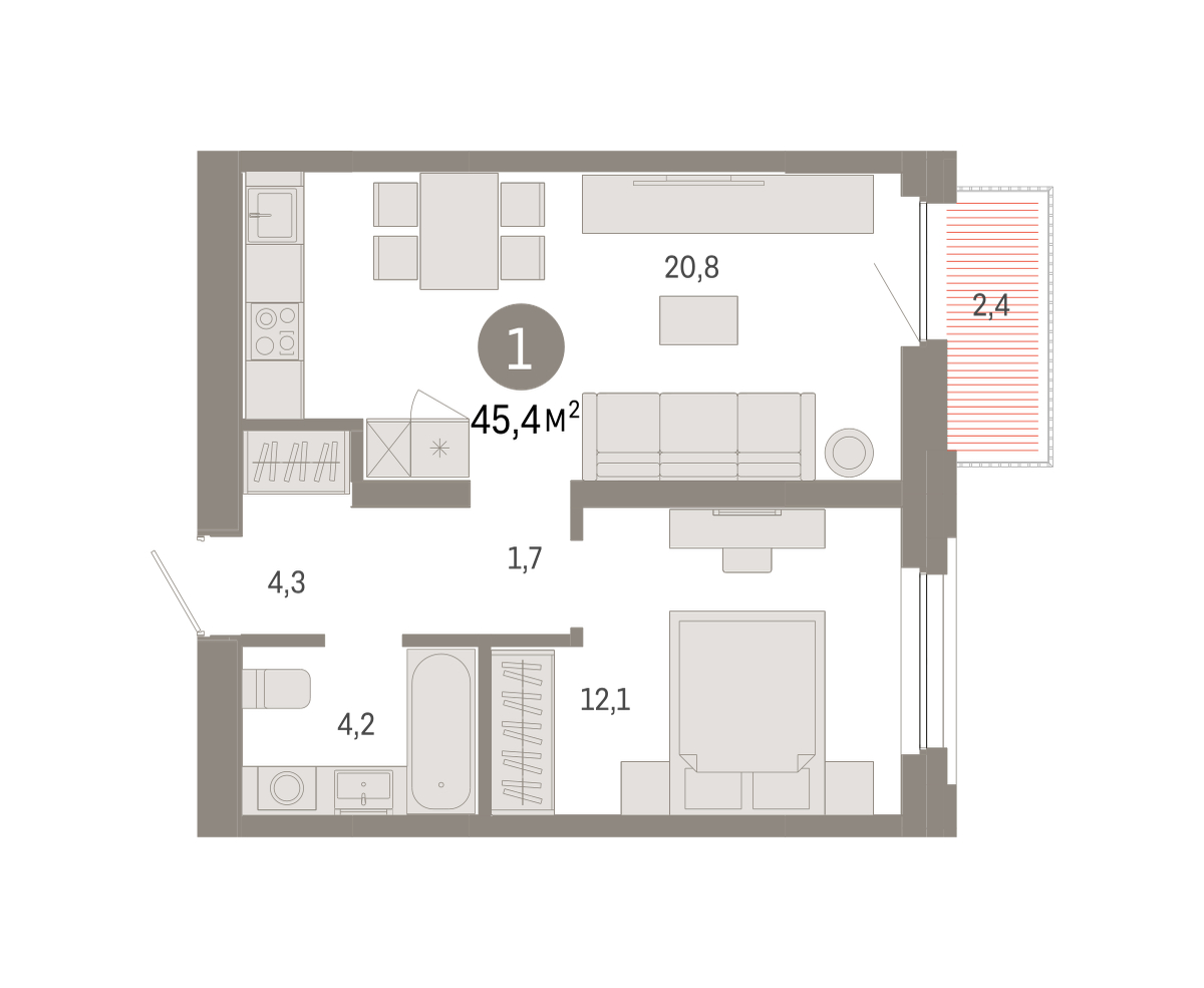 Планировка: 1-комнатная 45.4 м² в ЖК Зарека, Заречный