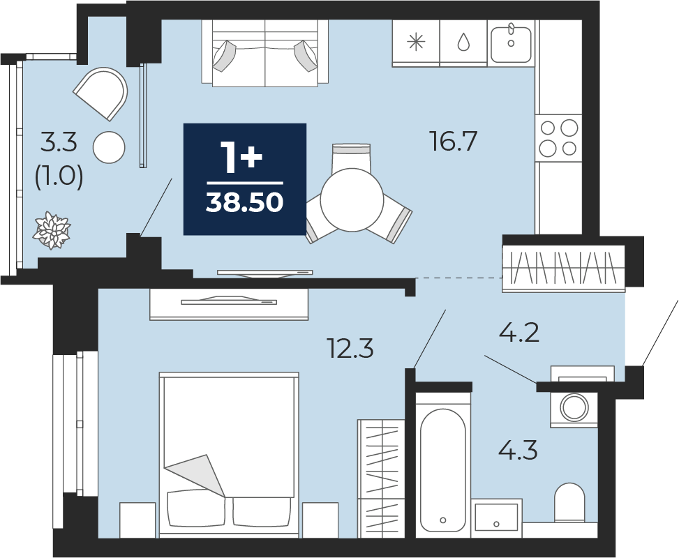 Планировка: Евродвушка 40.8 м² в ЖК Мириады, Мыс