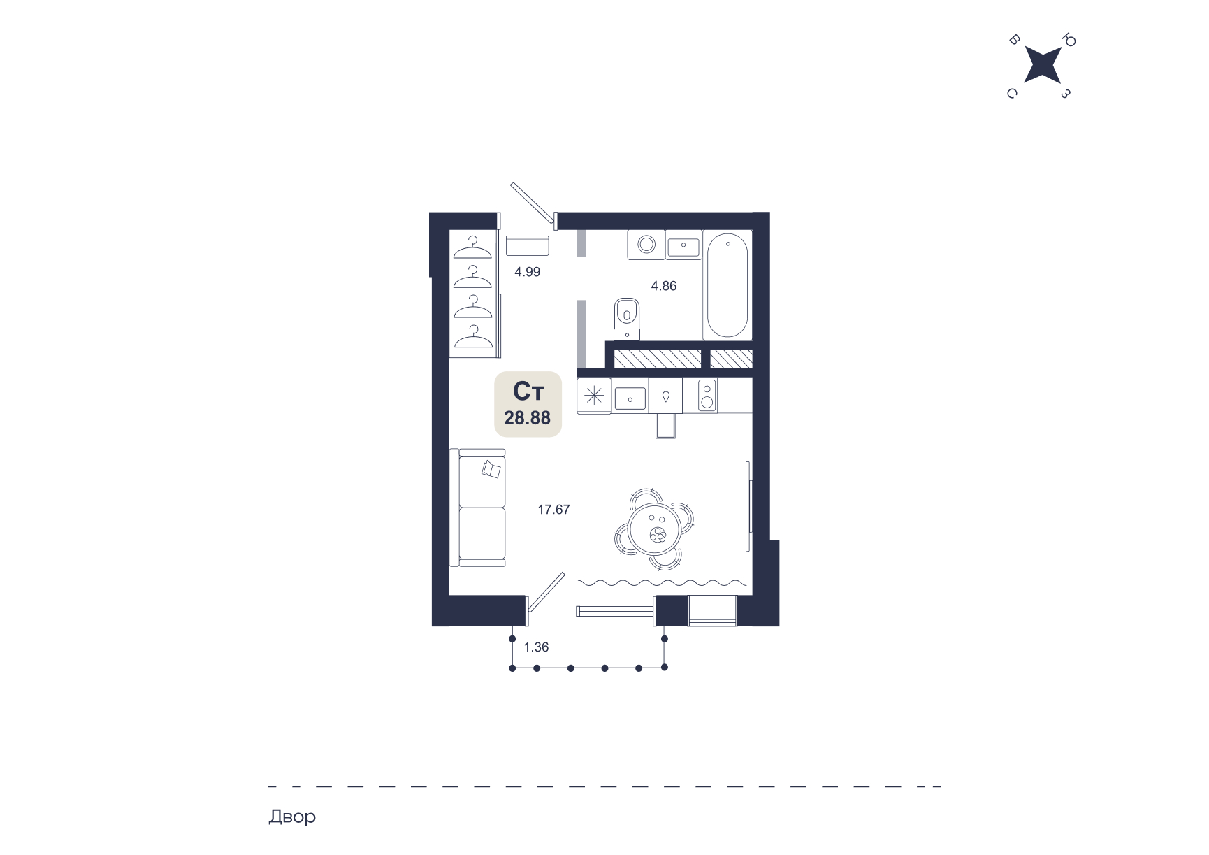 Планировка: Студия 28.9 м² в ЖК Хито, От Слободы до Комарово парк
