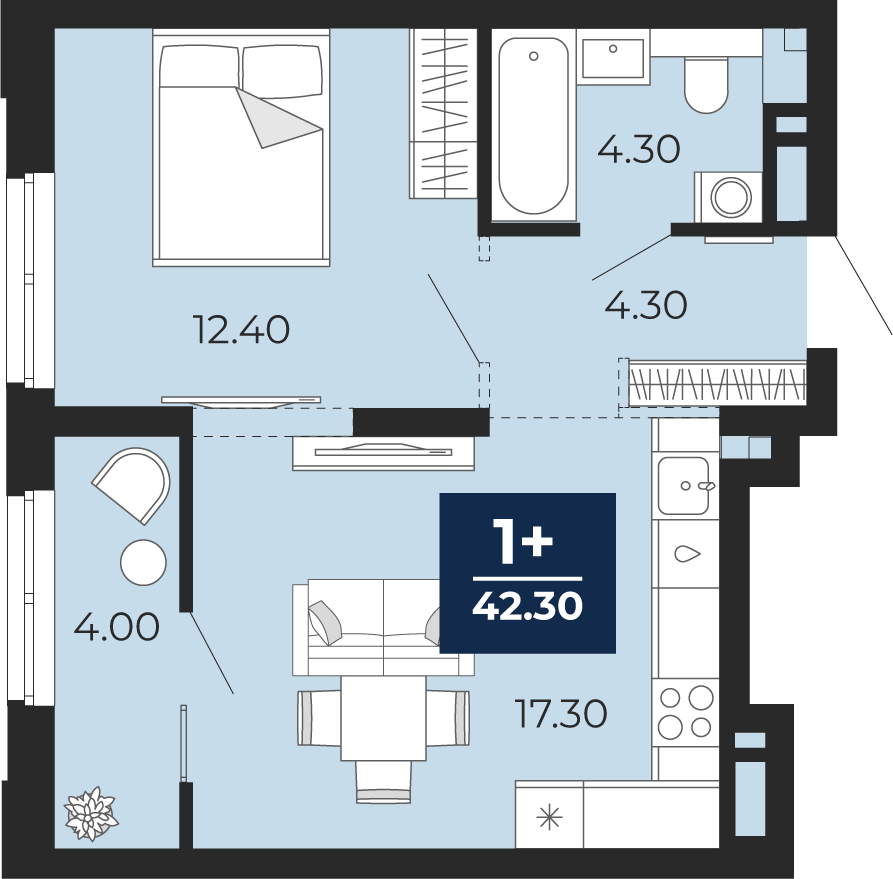 Планировка: 1-комнатная 42.3 м² в ЖК Айвазовский, 5-й Заречный