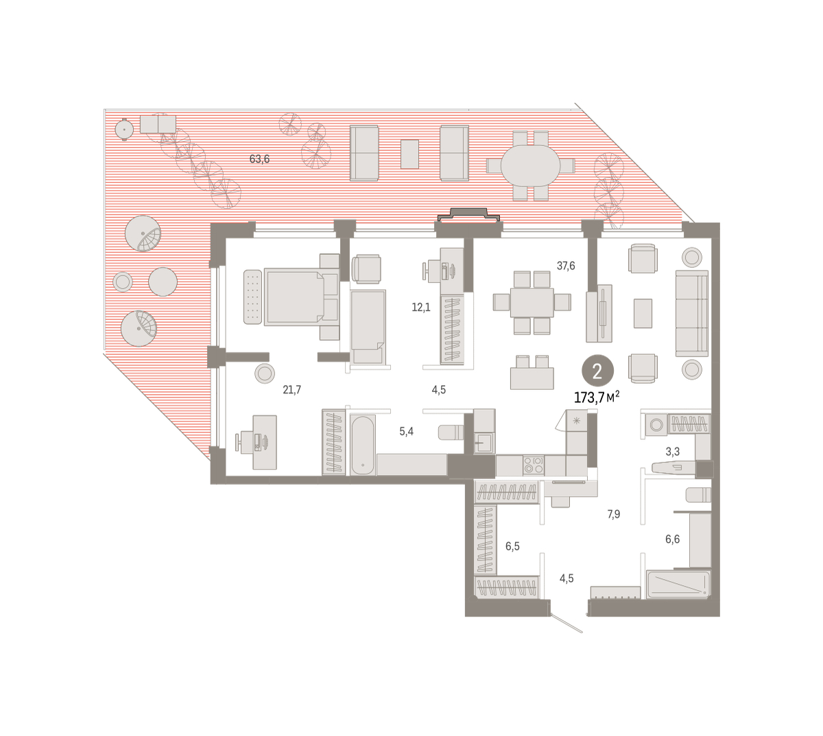 Планировка: Евротрешка 173.7 м² в ЖК Зарека, Заречный