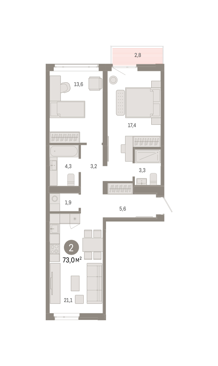 Планировка: Евротрешка 73 м² в ЖК Республики 205, Центр: КПД